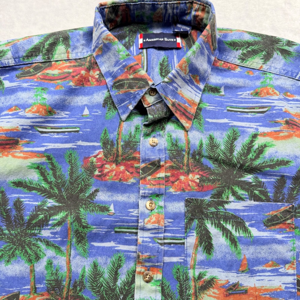 American Blue Mens Large Hawaiian Shirt Tropical Palm Tree Boat Vtg USA Cotton